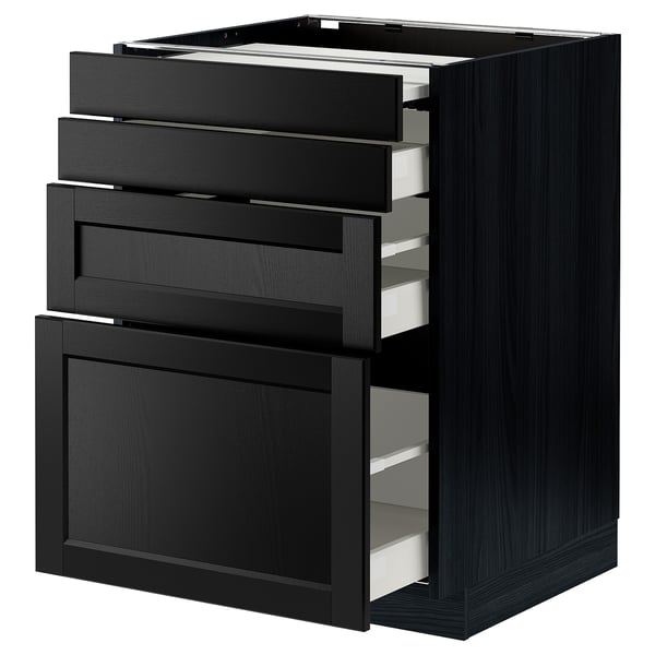 Armoire de cuisine noire, design moderne, avec plusieurs tiroirs et étagères, élégante et fonctionnelle.