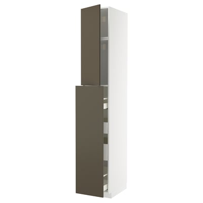 Armoire de cuisine moderne : brun foncé/beige, blanc haut, portes vitrées.