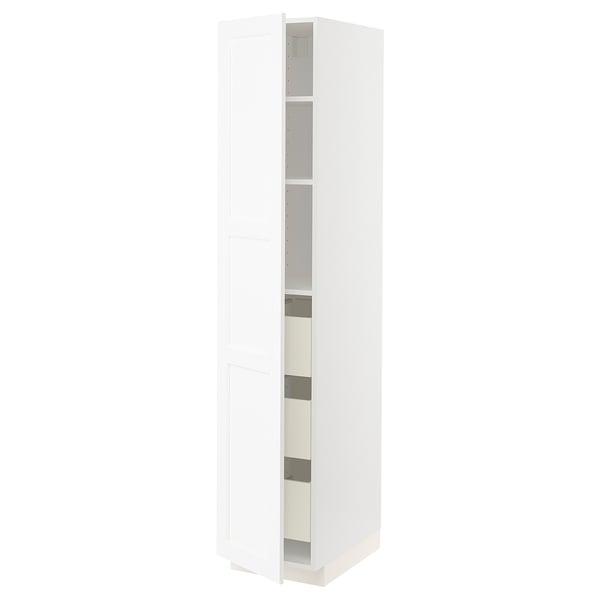 Armoire de cuisine METOD blanche de style bois classique, haute avec plusieurs étagères et tiroirs.