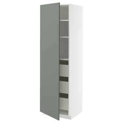 Armoire haute blanche et vert clair avec étagères réglables et tiroirs à fermeture douce.