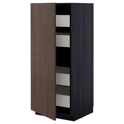 Armoire moderne en bois brun foncé avec tiroirs métalliques, portes entièrement ouvertes, design élégant.