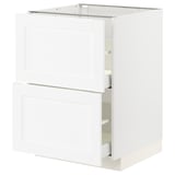 Armoire de cuisine METOD blanche avec une texture de grain de bois, dotée de deux tiroirs et d’une porte, conçue pour une fermeture en douceur et en douceur.