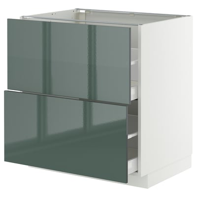 Armoire de cuisine moderne, gris-vert brillant avec tiroirs élégants, cadre blanc.