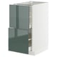 Une armoire de cuisine moderne et blanche avec des tiroirs gris-vert brillants, dotée d’un design élégant et d’une construction robuste.