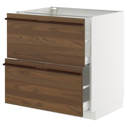 Meuble de cuisine METOD, base blanche, tiroirs en chêne brun, poignées en bois.