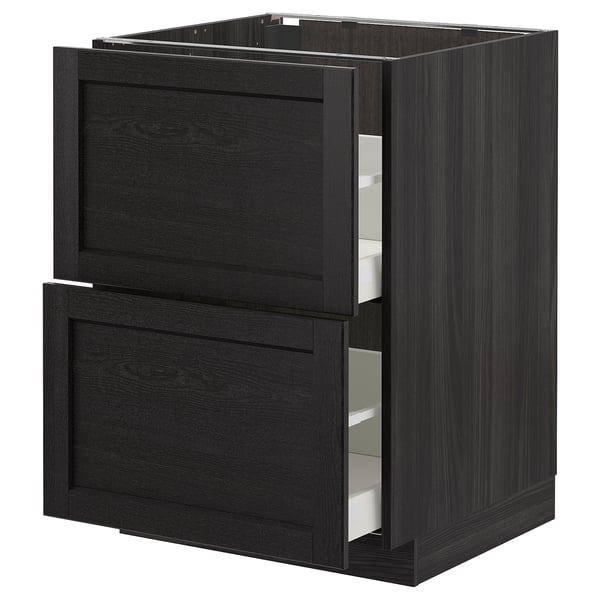 Armoire de cuisine ikea METOD noire avec deux tiroirs ouverts, finition bois foncé.