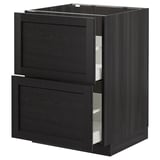 Armoire de cuisine ikea METOD noire avec deux tiroirs ouverts, finition bois foncé.