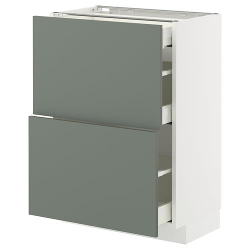 Meuble de cuisine METOD avec tiroirs gris-vert et base blanche, design moderne.