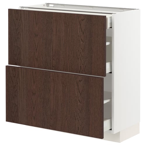 Tiroirs en placage de chêne brun foncé, armoire de cuisine à cadre blanc, 2 tiroirs et étagères.