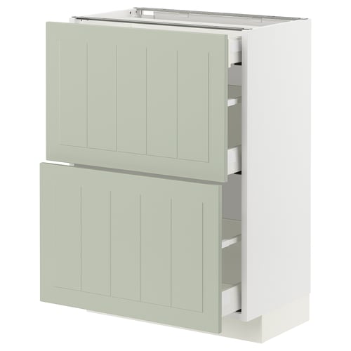 Armoire de cuisine METOD en vert avec deux tiroirs et deux portes, bords blancs, forme rectangulaire.