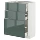 Armoire de cuisine moderne gris-vert avec trois tiroirs, finition brillante, design élégant.