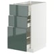 Une armoire de cuisine blanche moderne avec des tiroirs vert-gris brillants, avec des tiroirs à fermeture automatique lisses et un design élégant et contemporain.