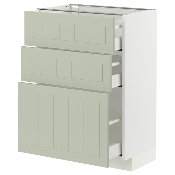 Un meuble de cuisine METOD vert avec trois tiroirs et une armoire, un cadre blanc, un design épuré, un matériau durable.