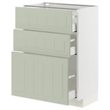 Un meuble de cuisine METOD vert avec trois tiroirs et une armoire, un cadre blanc, un design épuré, un matériau durable.