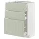 Un meuble de cuisine METOD vert avec trois tiroirs et une armoire, un cadre blanc, un design épuré, un matériau durable.
