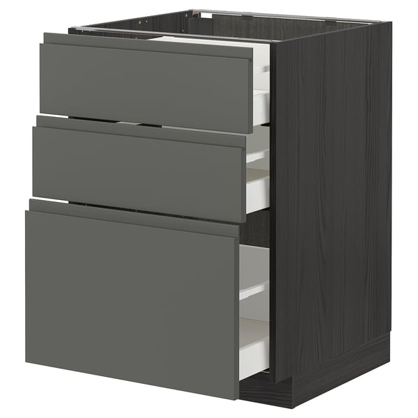 Armoire de cuisine moderne gris foncé avec trois tiroirs ouverts en forme de U.