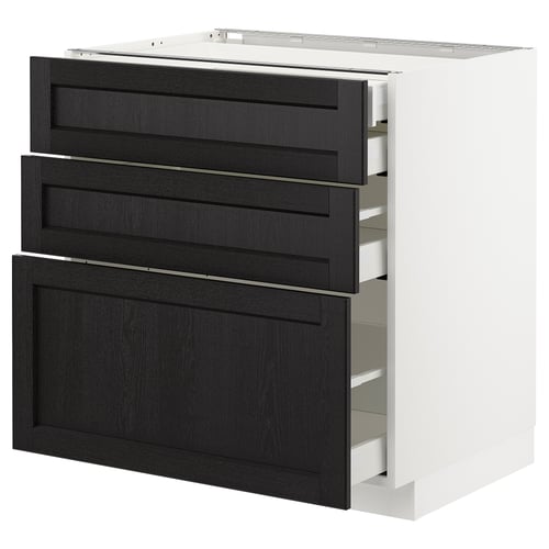 Une armoire de cuisine blanche moderne avec trois tiroirs en bois noir ; Élégant et organisé.