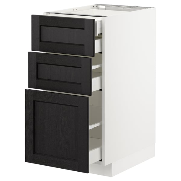 Unité de cuisine moderne, blanche avec 3 tiroirs en bois foncé, design élégant, comprend des tiroirs à fermeture automatique.