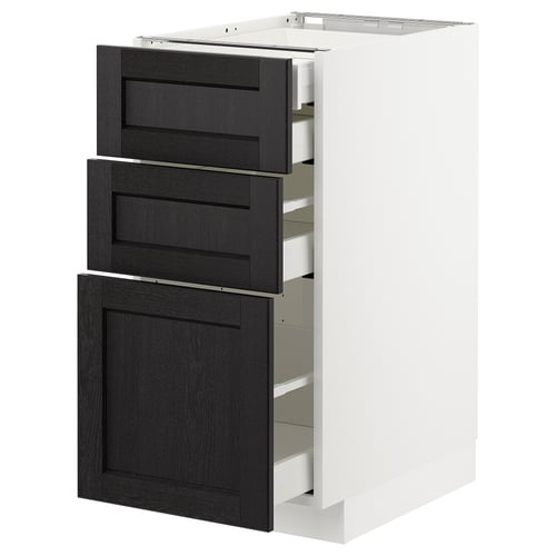 Unité de cuisine moderne, blanche avec 3 tiroirs en bois foncé, design élégant, comprend des tiroirs à fermeture automatique.