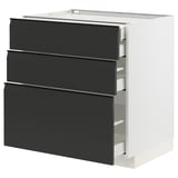Armoire de cuisine moderne, blanche avec tiroirs noirs. Trois tiroirs, design élégant, robuste et à fermeture automatique.