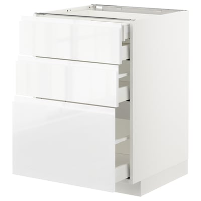Armoire de cuisine blanche brillante avec trois tiroirs ouverts, design moderne et élégant.
