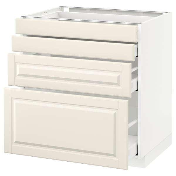 Cette image montre une armoire de cuisine METOD blanche avec trois tiroirs et une porte, avec un design traditionnel avec des bords biseautés.