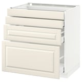 Cette image montre une armoire de cuisine METOD blanche avec trois tiroirs et une porte, avec un design traditionnel avec des bords biseautés.
