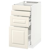 Meuble de cuisine METOD blanc cassé avec trois tiroirs et une porte, avec des bords lisses, une construction robuste et des tiroirs à fermeture automatique.