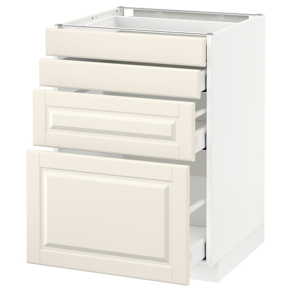 Une armoire de cuisine blanc cassé avec des bords biseautés, trois tiroirs à fermeture automatique et une porte, au design classique.