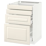 Une armoire de cuisine blanc cassé avec des bords biseautés, trois tiroirs à fermeture automatique et une porte, au design classique.