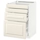 Une armoire de cuisine blanc cassé avec des bords biseautés, trois tiroirs à fermeture automatique et une porte, au design classique.
