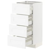 Meuble de cuisine blanc METOD avec quatre tiroirs ouverts, design classique, texture bois.