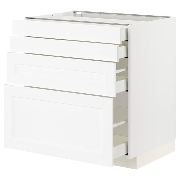 Armoire de cuisine en bois blanc avec plusieurs tiroirs, design épuré.