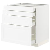 Armoire de cuisine en bois blanc avec plusieurs tiroirs, design épuré.