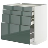 Armoire de cuisine moderne, METOD. Tiroirs en kallarp gris-vert brillant. Apprêt cadre en panneaux de particules, glissières métalliques. Design carré et épuré.