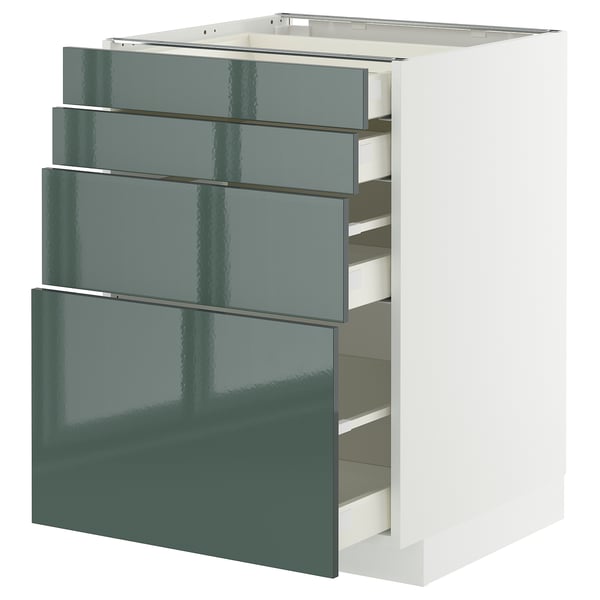 Armoire de cuisine METOD avec quatre tiroirs brillants gris-vert, design moderne et élégant.