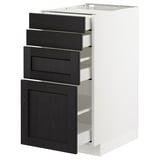 Unité de cuisine Ikea METOD. Base blanche, tiroirs et porte teintés noirs. Design traditionnel.