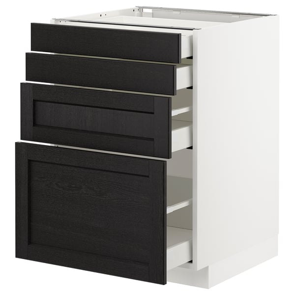 Tiroirs en bois teinté noir dans une armoire blanche. Rangement de cuisine moderne.