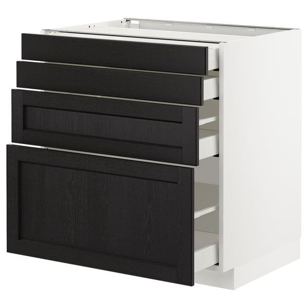 Unité de cuisine moderne avec tiroirs en chêne teinté noir, base blanche.