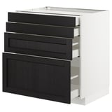Unité de cuisine moderne avec tiroirs en chêne teinté noir, base blanche.