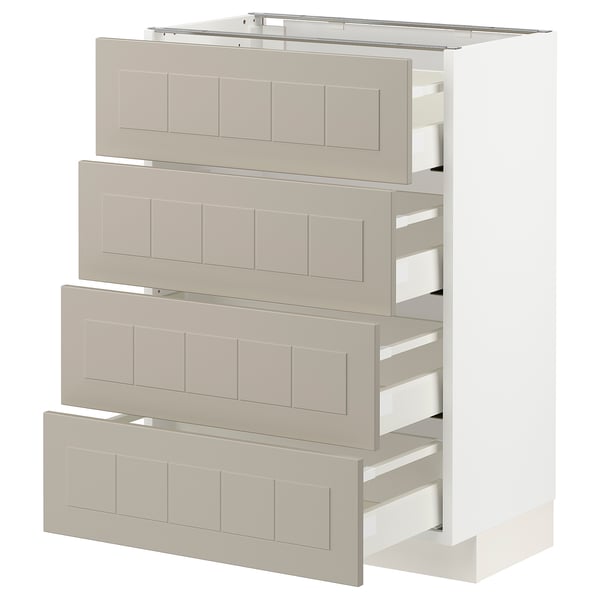 Armoire de cuisine blanche moderne avec quatre tiroirs beiges, design vertical.