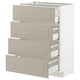 Armoire de cuisine blanche moderne avec quatre tiroirs beiges, design vertical.