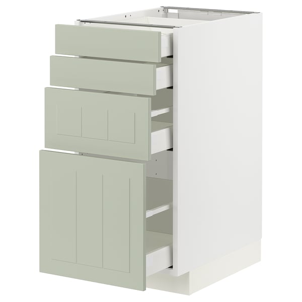 Meuble de cuisine METOD avec façades végétalisées, 3 tiroirs, 2 portes, design moderne, rectangulaire, en panneaux de particules et en acier.