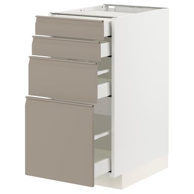 Armoire de cuisine moderne, blanche avec tiroirs gris-beige, quatre tiroirs coulissants, design vertical.