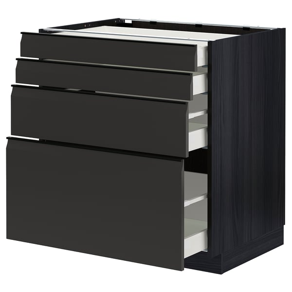 Unité de cuisine METOD noire avec quatre tiroirs sombres, design moderne et élégant.