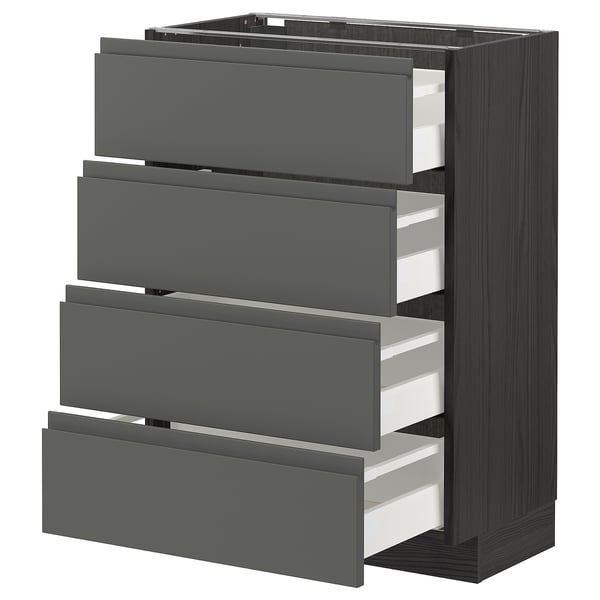 Armoire de cuisine grise moderne avec quatre tiroirs coulissants et finition métallique.