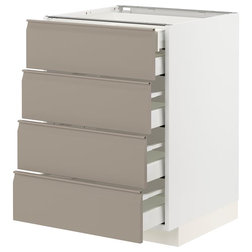 Meuble de cuisine METOD en gris-beige avec quatre tiroirs, poignées élégantes et design moderne.