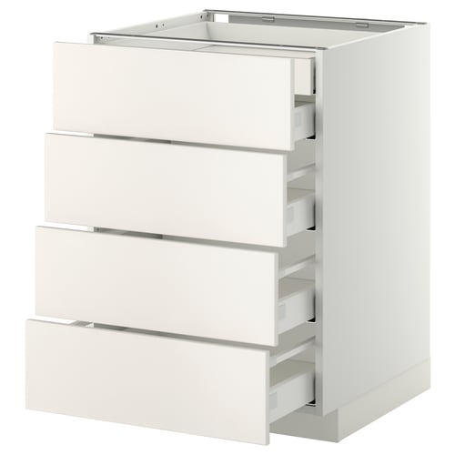 Armoire de cuisine ikea METOD blanche avec quatre tiroirs lisses et modernes, en panneaux de fibres et en acier, disposés verticalement.