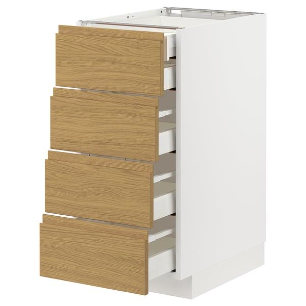 Meuble de cuisine METOD en blanc avec tiroirs en chêne, design minimaliste moderne.