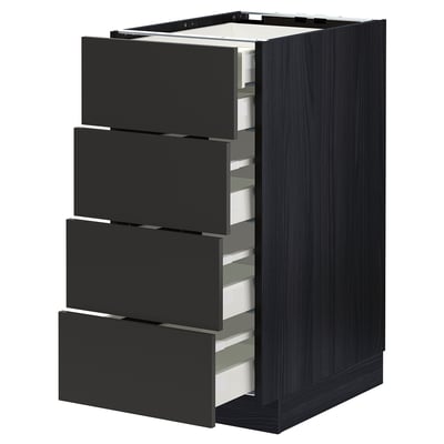 Meuble de cuisine METOD noir moderne avec quatre tiroirs, finition mate élégante, forme carrée et construction robuste.